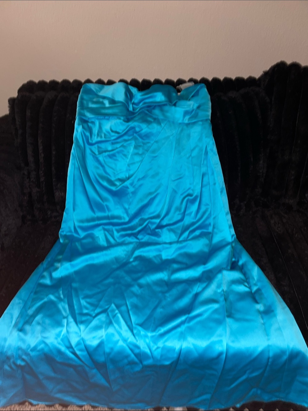 David's Bridal Strapless Turquoise Satin Evening Gown